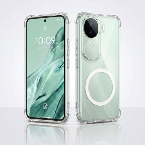 Image of amazon basics Crystal Clear Magnetic Case for Vivo V40E 5G | Compatible with MagSafe Accessories | Air-Guard Corners | Shockproof TPU + Hard PC Back | Slim Transparent Protective Cover (Clear)