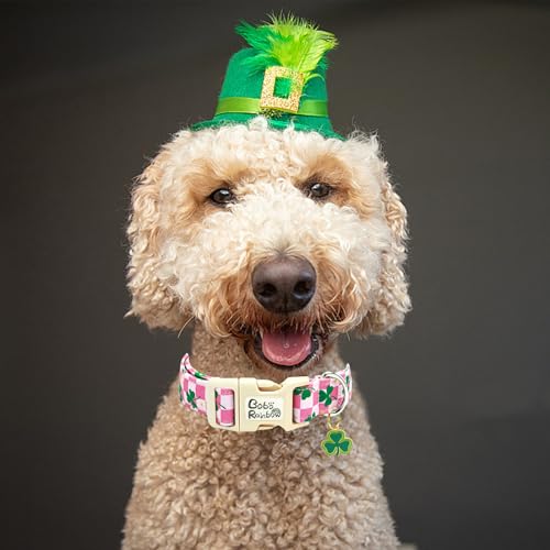 Image of St Patrick's Pink Plaid Trefoil Dog Collar for Medium Dogs | Daily Walks,Irish Parade,Spring Picnic Hiking,Adjustable,Cotton Fabric,Quick Release Plastic Buckle,Pendant,Female /Male Dog