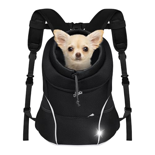 YUDODO Dog Front Carrier Backpack, Adjustable Breathable Pet Carrier for Small Dogs, Ventilated Puppy Back Pack with Safety Belt, Lightweight Doggy Backpack for Hiking Outdoor(Jet Black, L:9-13.5 lbs)