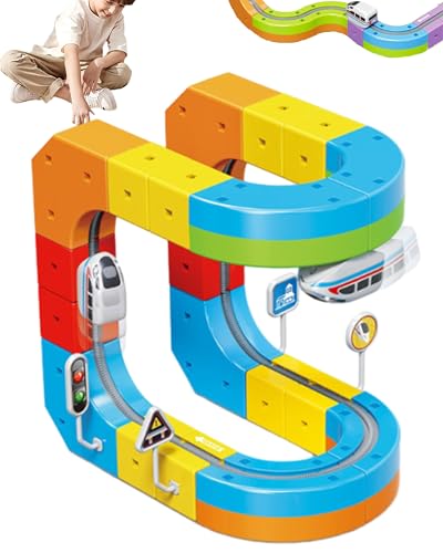 Dujuanus Electric Train Set, Set di treni elettrici con pista flessibile, layout 3D incorporati che sfidano la gravità e auto motorizzata, regalo di apprendimento per bambini 4 6 7 8 (55Pcs)