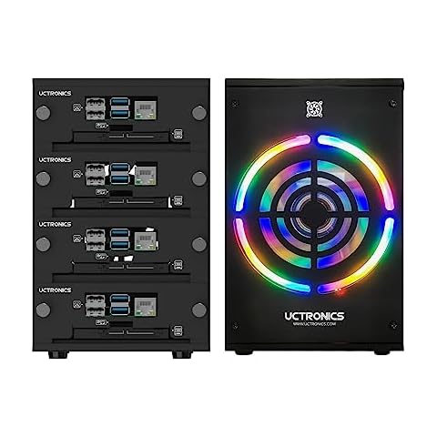 UCTRONICS Desktop Cluster Enclosure for Raspberry Pi, Up to 4 Pis and 2.5" SSD, Front Removable Trays, 12cm LED Cooling Fan for Raspberry Pi 5/4B/3B+/3B Cover