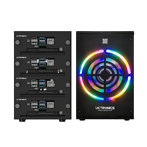 UCTRONICS Desktop Cluster Enclosure for Raspberry Pi, Up to 4 PIS and 2.5" SSD, Front Removable Trays, 12cm LED Cooling Fan for Raspberry Pi 5/4B/3B+/3B by UCTRONICS - Used condition - US$50.70