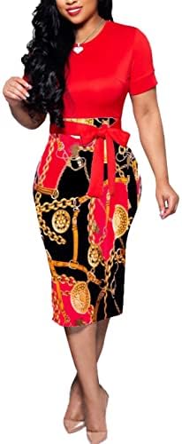 Midi Floral Bodycon Dress Cute Casual Pencil Dresses Red L
