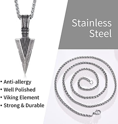 TempBeau Necklace for Men Viking Pearl Pendant Mens Necklaces Traingle Arrowhead Viking Style Black & Grey Stainless Steel Layer Chain Jewelry Gift for Father Son Husband Boy Friend