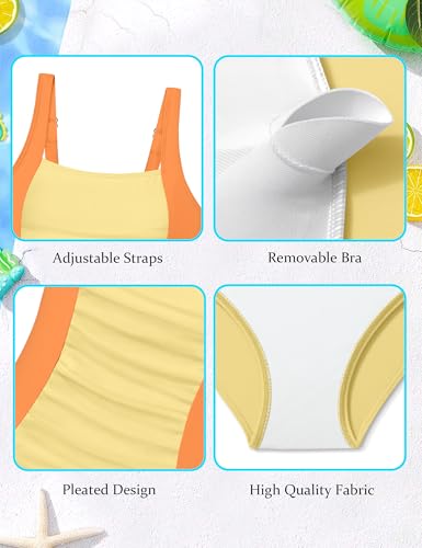 Image of Girl Swimsuit One Piece Bathing Suit for Girls Solid Color Ruched Adjustable Straps Padded Swimwear 9-18y