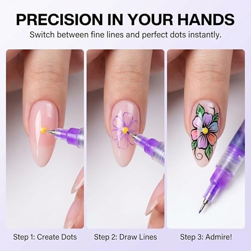 NOVELROCK 12 Colors Nail Art Pens Set for Nails, Nail Polish Pens Kit, 3D Acrylic Nail Markers, 0.5–0.7mm Fine Tip Nail Art Design Pen, Quick Dry Waterproof Dotting Liner Brush for DIY Manicure Tools