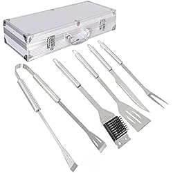 Maletin Lol Barato LOLAhome Set de 5 Accesorios Barbacoa de Acero Inoxidable Plateados con maletín de 37x16x8 cm
