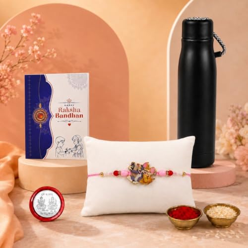 Image of DeoDap Rakhi with Bottle for Brother - Cute Cartoon Design Kids Style Rakhi for Brother with Water Bottle 550 Ml, Silver Color Coin, Greeting Card & Tiak Set - Raksha Bandhan Combo Set (K1 1049 13851)