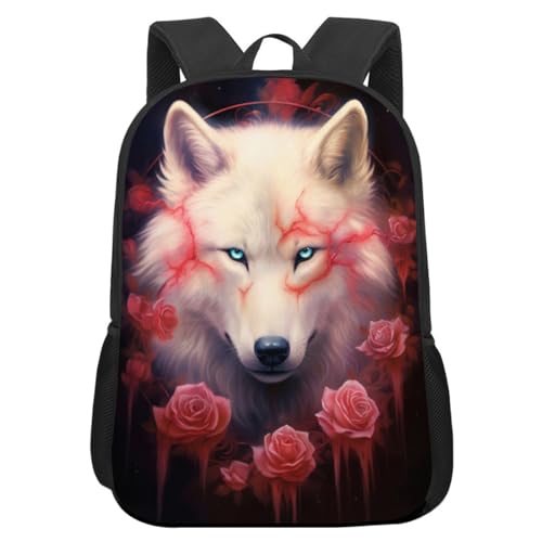 Mochila engraçada estética preta, simples, moderna, leve, com bolso lateral de malha, mochila grande para laptop, Lobo 1, 17 inch
