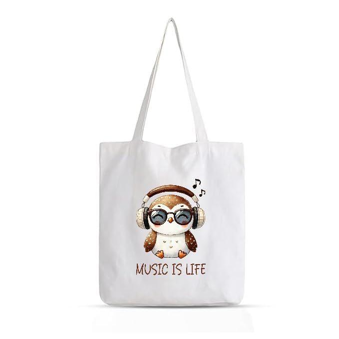 BAGVILLA Music is Life Canvas Tote Bag, White, 35 x 40 cm, Owl Print Design with Headphones, Reusable Shopping Bag. Women Tote, Printed Canvas Tote Bag, Stylish Bag