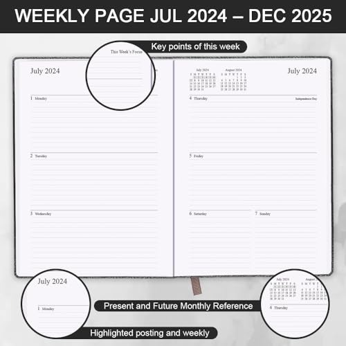 Planner 2024-2025 - 18 Months (July 24 - December 25) Academic Planner 5.8\" x 8.5\", 2024-2025 Weekly & Monthly Agenda with Pen Holder, Vegan Leather Hard Cover, Black