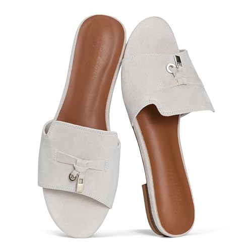 Project Cloud 100% Genuine Leather Sandals Women Dressy - Non-Slip Womens Sandals with Memory Foam Insole Slides for Women Footwear - Lightweight Flat Sandals for Women 2026 (Cannes, LONDFOGSDE,5.5M)