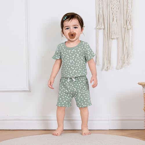 allshope Toddler Baby Girl Summer Outfit Short Sleeve T Shirt Top Casual Shorts Set Infant Newborn Clothes 6 12 18 24 Month (Floral Green, 18-24 Months)