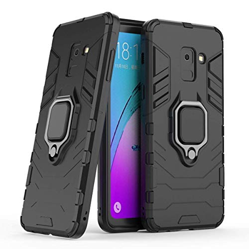 Compatible con Galaxy A8 (2018) Funda, Anillo Metálico Sujeción Soporte Antichoque Caja (Funciona con el Montaje de Coche Magnético) Doble Capa Case Carcasa para Samsung Galaxy A8 2018 (Negro)