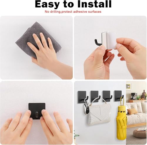 Image of JD Fresh 6 Pcs Self-Adhesive Stainless-Steel Wall Hooks for Hanging /Heavy Duty Waterproof Wall Hangers /Without Drill Sticky Hooks on Hold Coats, Keys, Towels and Kitchen Utensils (J-Hook,Black-Square)