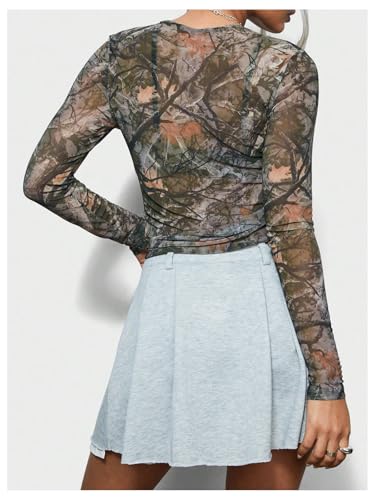 Women's Y2k Camo Print Crew Neck Crop Top Mesh Sheer Long Sleeve Fitted Tee Shirts2
