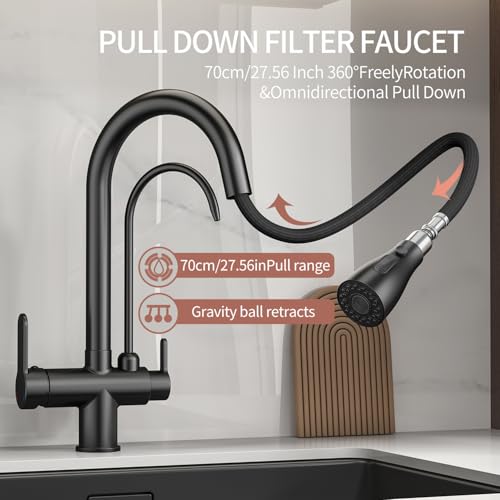 Kitchen Sink Faucet with Pull - Down Sprayer, 2 - Handle 3 - in - 1 Kitchen Sink Filter Faucet, Cold and Hot Mixer Drinking Water Faucet (3-in-1 Filter Faucet, Black) by SoliForge - Used condition - Image 6