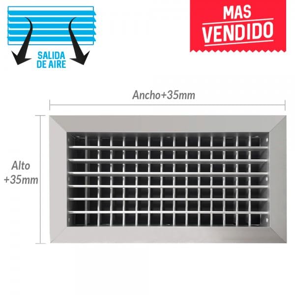 Rejilla de ventilación impulsión doble deflexión plata mate+Marco de montaje