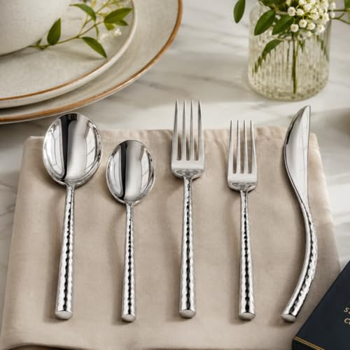 Image of 30-Piece Stainless Steel Hammered Cutlery Set for 6 Persons | Premium Mirror Finish Flatware Set | Spoon Fork Knife Set | Dining Table, Home, Restaurant & Gifting
