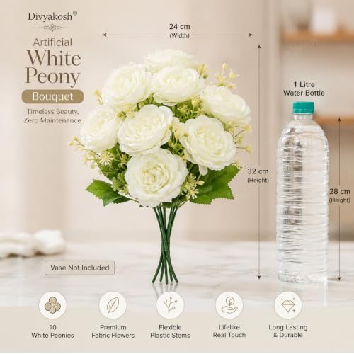 Image of Divyakosh Artificial Flower for Vase (10 Peony Flora), Artificial Flowers Bunch (Vase Not Included), Luxury Floral Centerpiece for Living Room Dining Table Office Decor