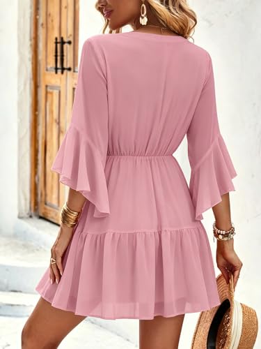 Image of Womens Spring Summer Mini Dress Western Ruffled Sleeve Chiffon V Neck Flowy A Line Short Wedding Guest Party Dresses