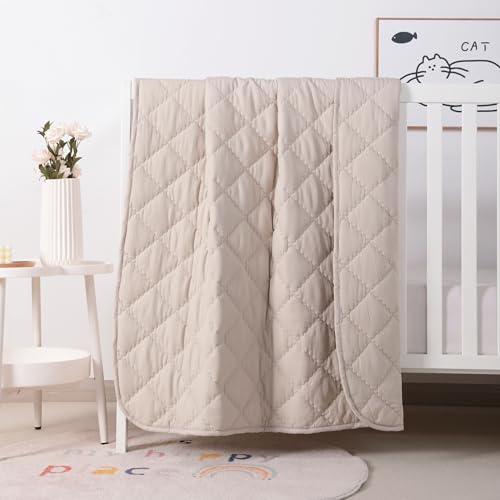 FLXXIE Down Alternative Toddler Comforter, Lightweight, Machine Washable and Warm Baby Crib Quilted Blanket for Stroller, Travel, 39x47 Inches, Light Taupe