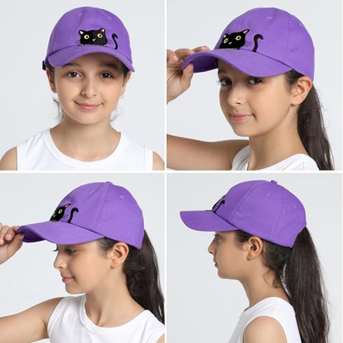 Kids Girls Cute Cat Embroidered Baseball Cap Toddler Adjustable Ponytail Hat for Cat Lover Gifts, 3-8 Years4