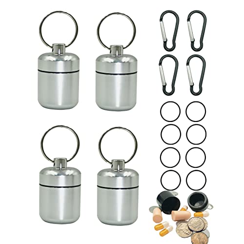 4 Pieces Keychain Pill Holder,Waterproof Seal Small Pill Box Mountaineering Keychain Portable Aluminum Alloy Pill Container Portable Coin Storage Earplug Case (Silver) #TOP4