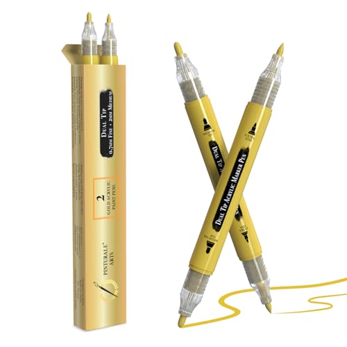 Pinturale Arts 2 Gold Acrylic Paint Pen | Set 2 Gold Paint Marker Metallic | Dual Tip (Fine 0 7mm and Medium 3mm) | For Black Paper Ceramics Rock Painting Glass Wood Metal