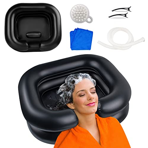 Portable Shampoo Bowl Inflatable Hair Washing Sink Made for Handicapped, Bedridden, Kids, Seniors, Adjustable Strap, No Spills, Hair Washing Tray (Black)