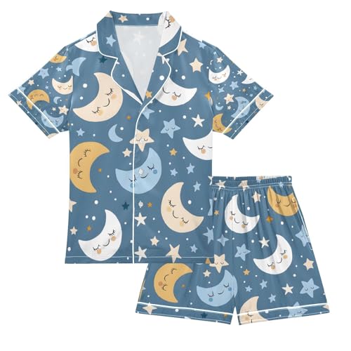 senya Cute Moons and Stars A Satin Summer Pajama Sets Silk Short Sleeve Button Down Sleepwear