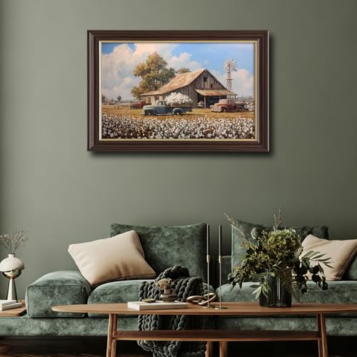Image of Vintage Framed Cotton Field Canvas Wall Art, Old Farm Trucks with Windmill Canvas Prints Pictures, Southern Farmhouse Wall Decor for Living Room Bedroom Farmhouse