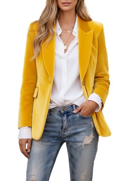 Womens Velvet Blazer Single Button Suit Jacket Long Sleeve Collared Blazer Casual Formal Outerwear