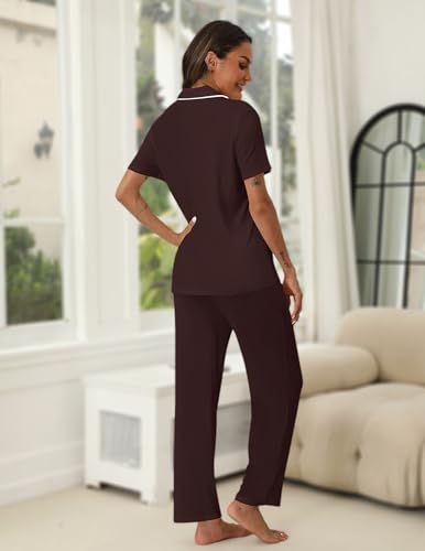 Image of HNG Women Pajamas Set 2 Piece Button Up Pajamas Pant and Short Sleeve Shirt for Woman Pj Sets with Pocket