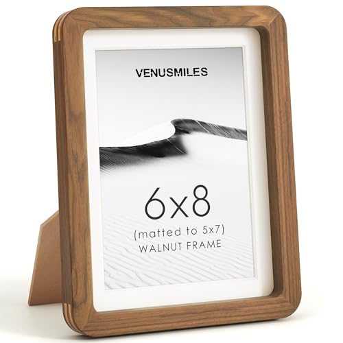 Image of 6x8 Picture Frame, USA-Sourced Natural Walnut Wood Photo Collage Frame with HD Tempered Glass, 6 x 8 Wooden Frame Matted to 5x7, Gallery Wall Frames for Art, Wall or Tabletop Display