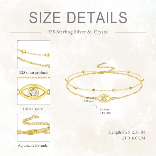 Image of POPLYKE 925 Sterling Silver Double Layered Chain Evil Eye Daisy Sunflower Butterfly Anklets for Women Holiday Beach Crystal Ankle Bracelet Dainty Evil Eye Jewelry