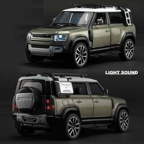 Image of 1:32 Scale Land Rover Defender Model Car - Exclusive Alloy Metal Pullback Toy with Openable Doors, Lights, and Music for Kids (Green Colour)