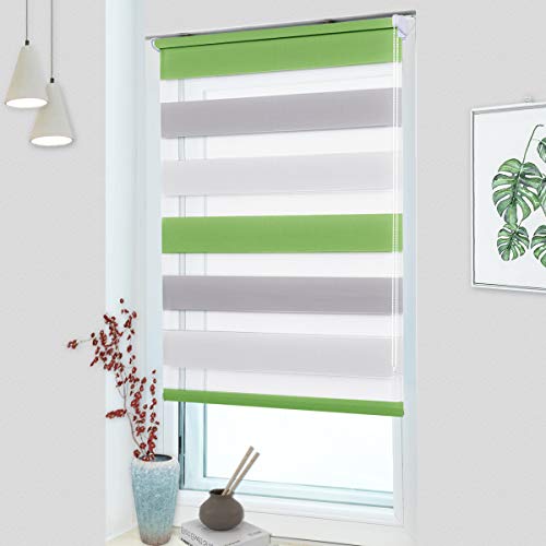 OUBO Estor Doble Enrollable 85 x 150 CM Blanco-Verde-Gris Cortina Visillos para Ventanas y Puertas Translúcido día Cortina translúcida de la Cebra del Rodillo- Sin perforación Klemmfix