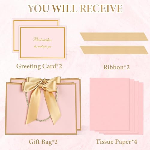 Image of JMANNI Pink Gift Bags with Handles, 13 inch Medium Gift Bag for Presents, 2 Pcs Bags with 4 Tissue Paper and 2 Cards for Baby Shower Wedding Bridal Shower Mother's Day Birthday Party (Pink-gold)