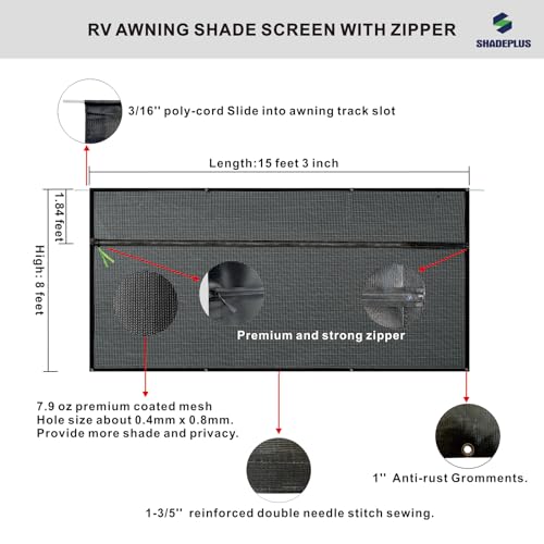 Shadeplus NZYL8X15.3 Rv Awning Shade Screen With Zipper 8'X15'3'',Black Mesh Rv Awning Sun Shade Screen,Universal Trailer Camper Rv Awning Screen thumb #1