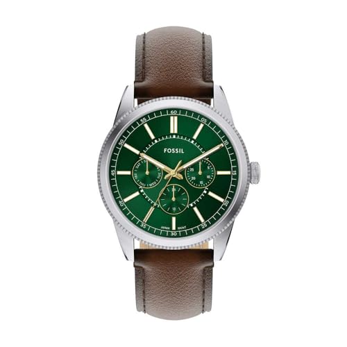 Fossil Pearson Montre Homme, Mouvement Multifonction Quartz avec bracelet en acier inoxydable ou cuir, Vert et ton argenté, 42 mm