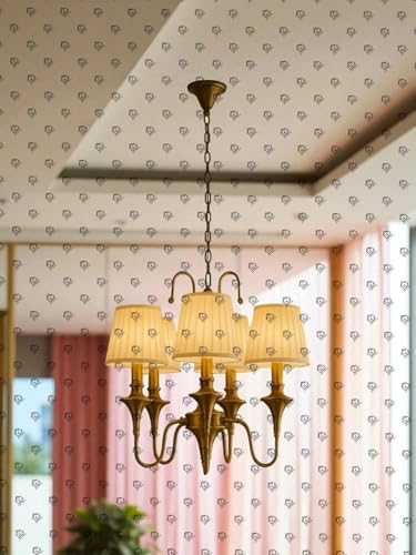 Image of Traditional Brass Chandelier, 5-Light and Double Wall Light & Single Wall Light White Fabric Shades, Chain-Mounted Ceiling Light (American, 1)