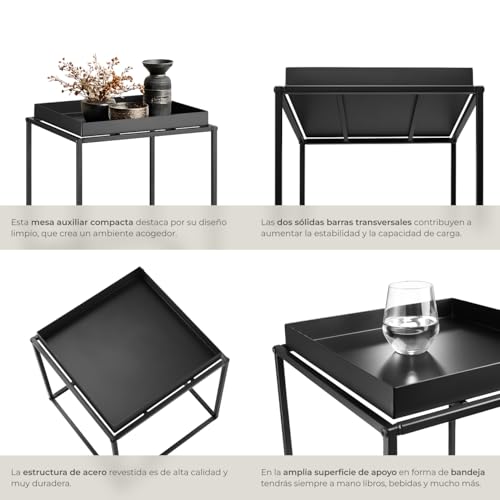 Miniatura 6 de Tectake Mesa Auxiliar Apilable, Acero Con Bandeja, Topes Antideslizantes, Muebles Auxiliares, Mesas Salon, Mesitas De Noche, Mueble Comedor, Mesa De Centro - 40 X 40 X 44 Cm Negro