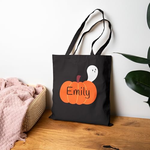 Personalized Halloween Cotton Canvas Tote Bag, Trick-or-Treating Bag, Spooky Ghost Tote, Cute Pumpkin Bag, Custom Name Gift4