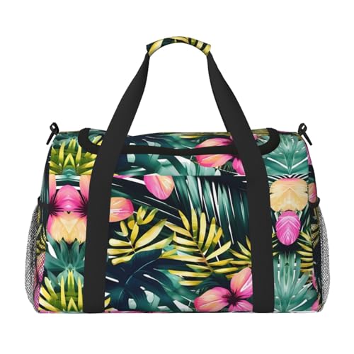 Tropical Summer Hawaiian Flower Palm Leaves print Large Canvas Travel Duffel Bag Weekender Bags for Women Overnight Bag Carry On Tote Bag