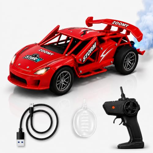 Image of Umadiya Storm RC Racing Car for Kids with 27MHz Remote, Smoke Effect, LED Headlights, Metal Look Body, Opening Doors, Rechargeable Battery, Type-C Charging High Speed Toy Car (Red)