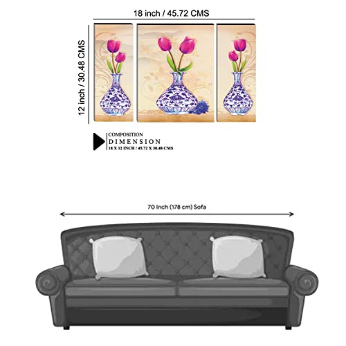 Image of Indianara Set of 3 Flowers in Vases MDF Art Painting (3831FL) without glass 4.5 X 12, 9 X 12, 4.5 X 12 INCH