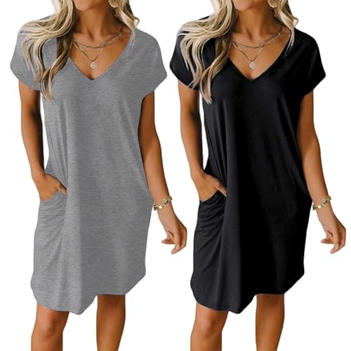 Ekouaer Sleepshirt Damen Nachthemd V Ausschnitt Kurzarm Schlaf T-Shirt Kurz Schlafshirt 2er Pack Sexy, Schwarz + Grau, XXL