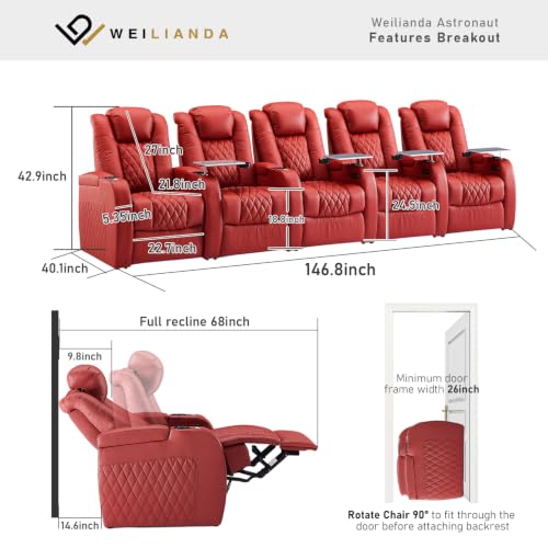 Image of Weilianda Home Theater Seating, Top Grain Leather Movie Theater Chair | Red Row of 5, Zero Gravity, Power Headrest, Tray Table, Electric Reclining Seat for Media Room