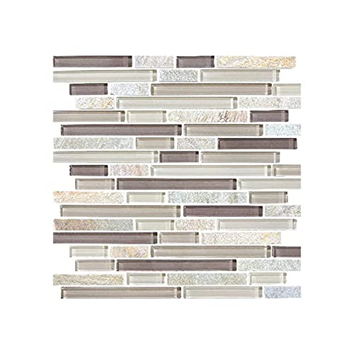BuildMyplace 12 x 12 Inch Cotton Wood Random Strip Glass Quartz Blend Mosaic for Bathroom/Kitchen Backsplash, Living Room, and Dining Room (10 Tiles | Covers: 10 / sq. ft.)
